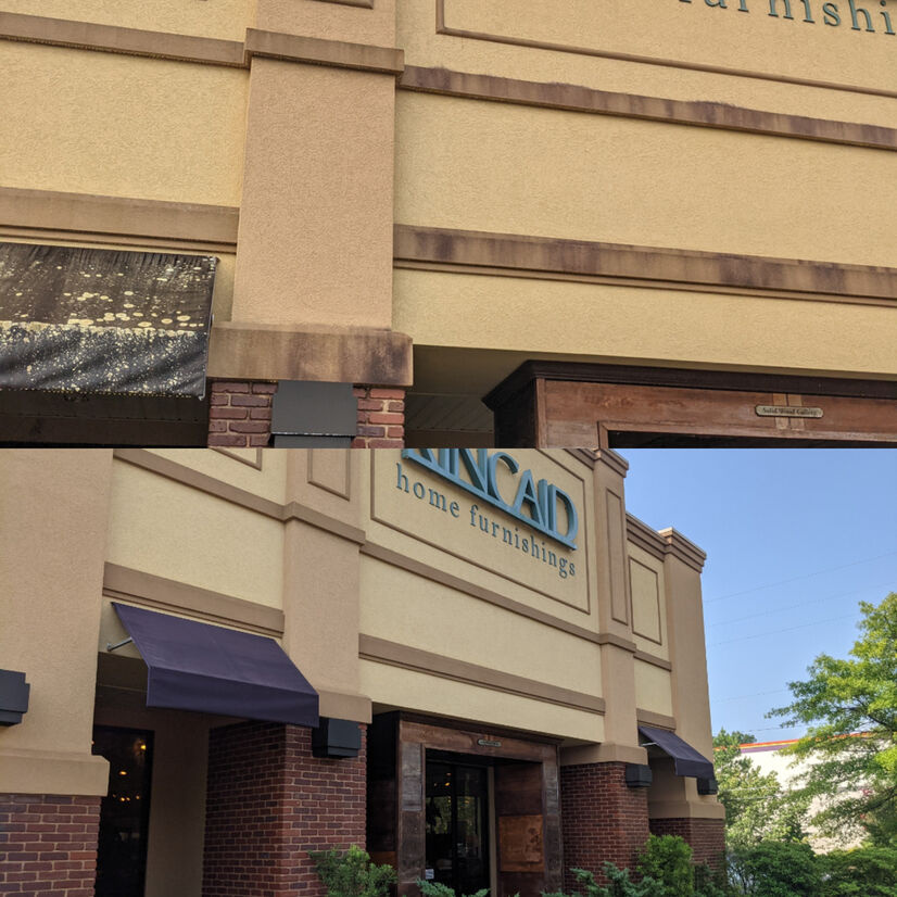 A composite before-and-after image showing the exterior of a 'Kincaid home furnishings' store in Alabaster, Alabama. The top photo shows dark grime and algae on the stucco facade and awnings; the bottom photo shows the building after professional pressure washing and soft washing, revealing clean surfaces and bright navy awnings.