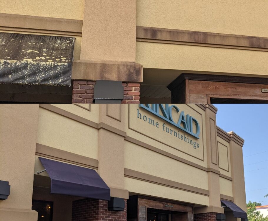 Commercial pressure washing Hoover storefront displaying dramatic before and after results on building facade.