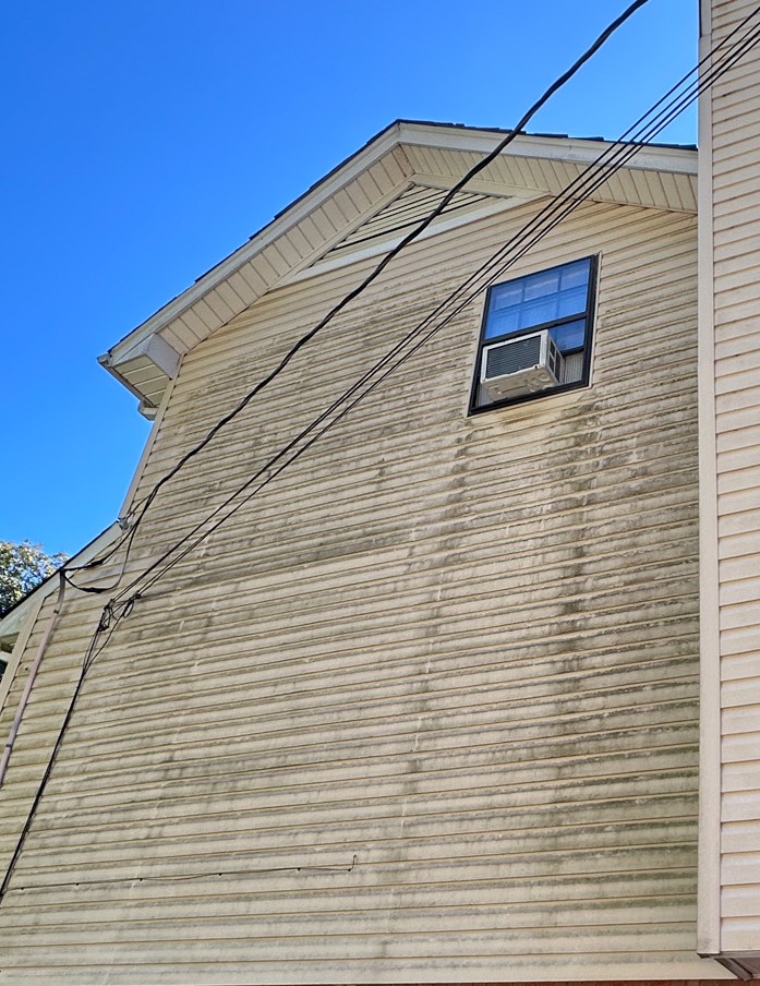 Before photo of a low-pressure soft washing on vinyl siding to safely remove mold and dirt for Pressure Washing McCalla Alabama.